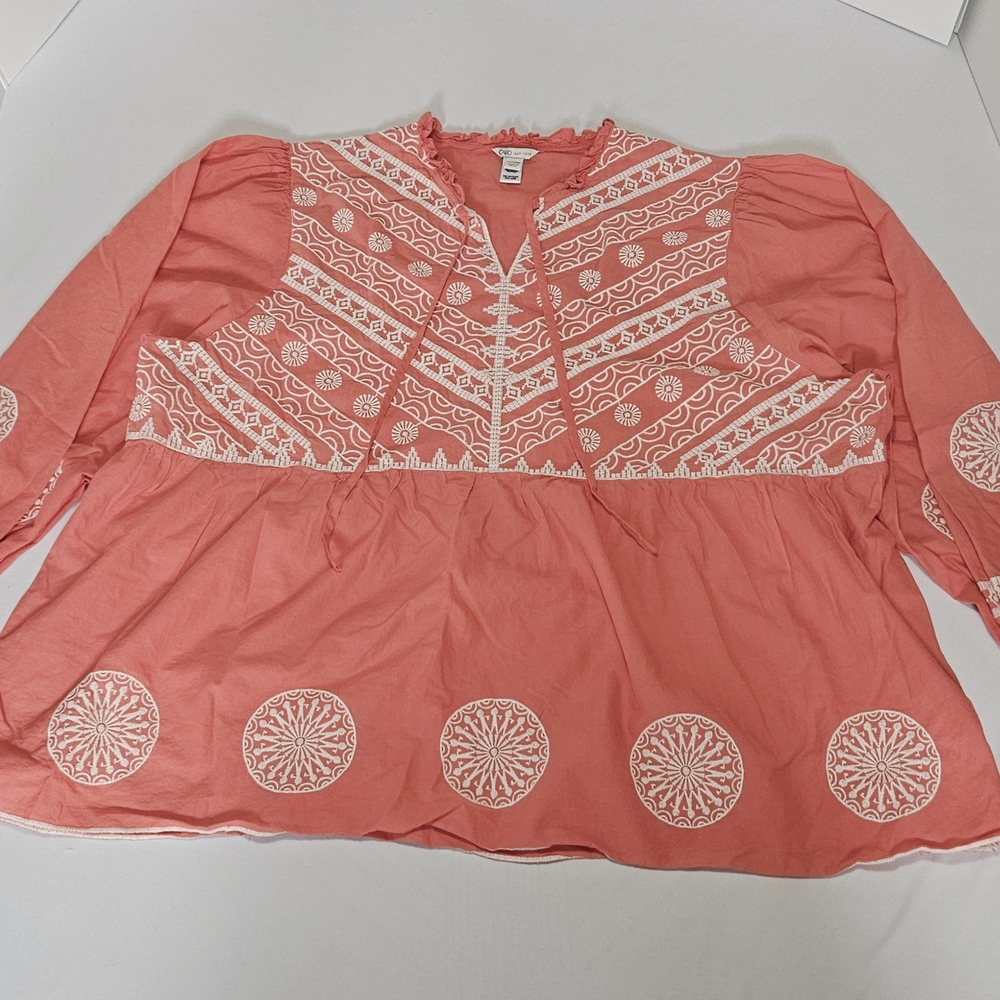 Cato Coral Boho Embroidered Blouse • 22/24W Peasant Tunic Top